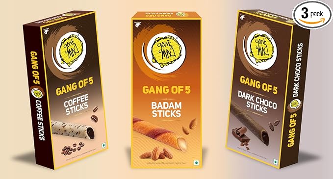 Gone Mad Gang of 5 Badam, Coffee & Dark Choco Sticks – Crispy, Creamy & Delicious Snack, Pack of 3 (187g)